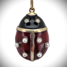 Vintage Imperial Era Rose Gold  Enamel Diamond Pearl  Ladybug Pendant