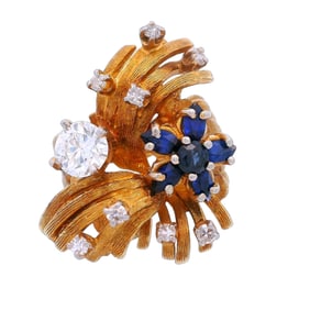 Retro 14kt yellow Gold Cocktail Ring with Diamonds and Blue Spinel