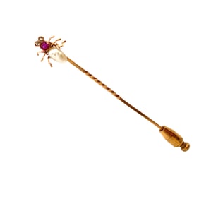 Victorian 18kt Gold Pin with Natural Pearl, Diamonds and Ruby