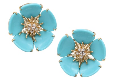 MODERNIST Flower Clips-On Earrings In 18Kt Yellow Gold, Turquoises & Diamonds