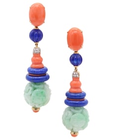 ORIENTALIST Dangle Drop Earrings In 18Kt Gold With Diamonds Jade Lapis & Coral