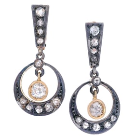 Antique 18kt Gold and silver Drop Earrings with Old mine Diamonds