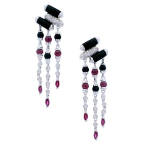 18kt Gold Cocktail dangling Earrings with Diamonds, Pink Sapphires and Onyx