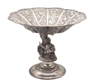 CHINA EXPORT 1875 Antique Compote With Mythological Dragon-Fish In Sterling