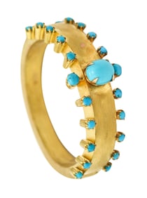 VICTORIAN 1880 Etruscan Revival Bracelet In Brushed 15Kt Gold With Blue Turquoises