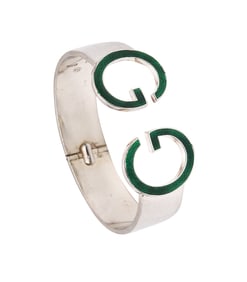 GUCCI 1970 Milano Vintage Enameled Double G's Cuff Bracelet In .925 Sterling Silver