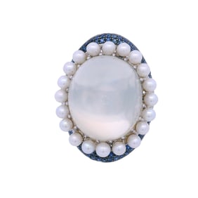 Cocktail Ring in 18kt Gold with Moonstone, Sapphires, Diamonds and Pearls