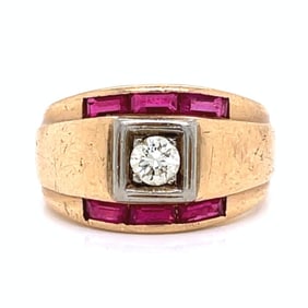 Mid century 14K Yellow Gold Diamond & Synthetic Ruby Ring