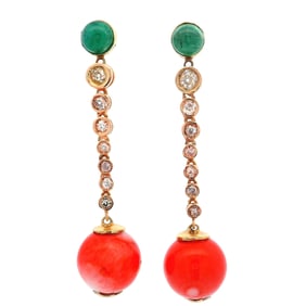 Art Deco Retro 18kt Gold hanging Earrings with Diamonds, Emeralds and Coral