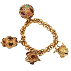 Midcentury Italian 18kt Gold Etruscan Revival Bracelet 4 Assorted multi-color Charms