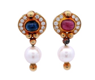 Mid-century drop Earrings in 18kt Gold with Diamonds, Ruby, Sapphire and Pearls