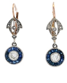 Art Deco Drop Earrings in Platinum and 18kt Gold with Diamonds and blue Sapphires