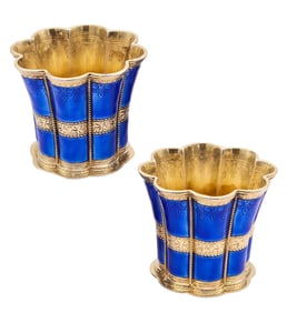 ANTON MICHELSEN 1930 Pair Of Blue Enameled Fluted Vases In Sterling Silver
