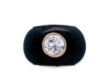 Retro 18kt Gold Enamel Ring with 1.00 Carats Old mine Diamond