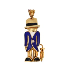 Vintage 18kt Gold Enamel Brooch Pendant with Diamonds
