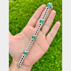 Art Deco Platinum Colombian Emerald & Diamond Bracelet