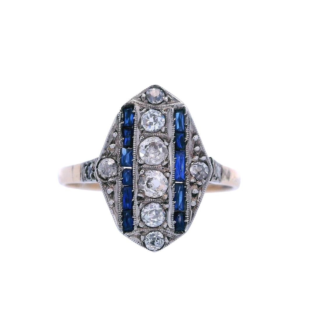 Art Deco filigree 18kt Gold and Platinum Ring with Diamonds and Sapphires: Art Deco filigree Ring crafted din 18kt yellow Gold and Platinum on top, featuring eight graduated Old mine Diamonds weighing Approx. 0.40 carats. H-J color, VS-SI clarity. Along with two Rose cut Dia