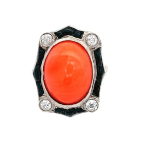 Art Deco style Platinum Ring with Diamonds, Coral and Onyx