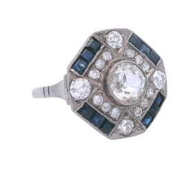 Art Deco Platinum Ring with 1.90 CTW in Old mine Diamonds and Blue Sapphires