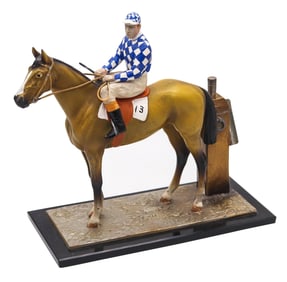 AUSTRIAN 1910-1915 Sculptural Enameled Racehorse With Jockey Desk Touch Striker