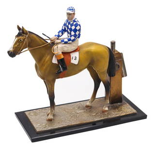 AUSTRIAN 1910-1915 Sculptural Enameled Racehorse With Jockey Desk Touch Striker: Fabulous art deco desk smoker's touch-tip striker, created in Vienna Austria during the Edwardian period, back in the 1915. The sculptural desk match striker has been designed in the shape of a raceho