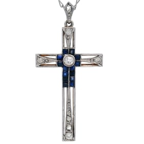 Art Deco filigree Cross Pendant in 18kt yellow Gold and Platinum with Sapphires and Diamonds