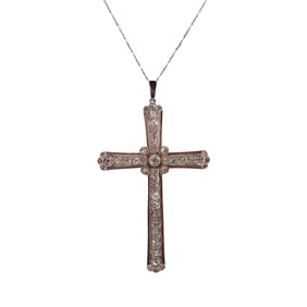 Antique 18kt Gold and Platinum Cross Pendant Necklace with 4.50 CTS in Old mine Diamonds