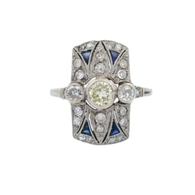 Art Deco 18kt gold Ring with Diamonds and Sapphires
