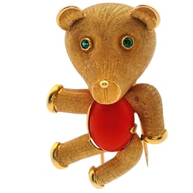 18kt Gold Bear Brooch with Tsavorites and Coral
