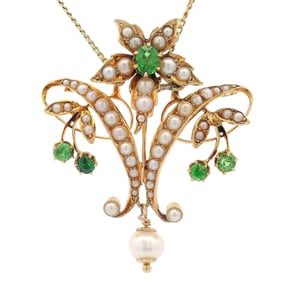 Art Nouveau 18kt Gold Necklace with baroque Pearls and Tsavorites