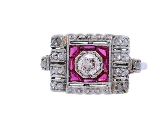 Edwardian 18kt gold Ring with Diamonds and Rubies
