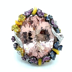 18K White Gold Morganite & Sapphire Enamel Ring