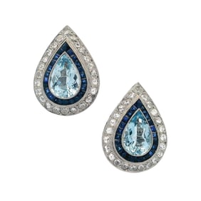Platinum Earrings with Aquamarines, Diamonds and Sapphires