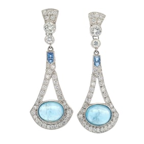 Platinum hanging Earrings with Diamonds, Aquamarines and blue Sapphires