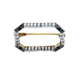 Art Deco 18kt Gold and Platinum Pin Brooch with Diamonds, Sapphires and Pearls