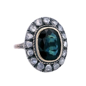 Georgian 14kt Gold and Silver Cocktail Ring with bluish green Sapphire and Diamonds