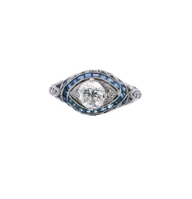 Art Deco Platinum Ring with Diamonds and Sapphires