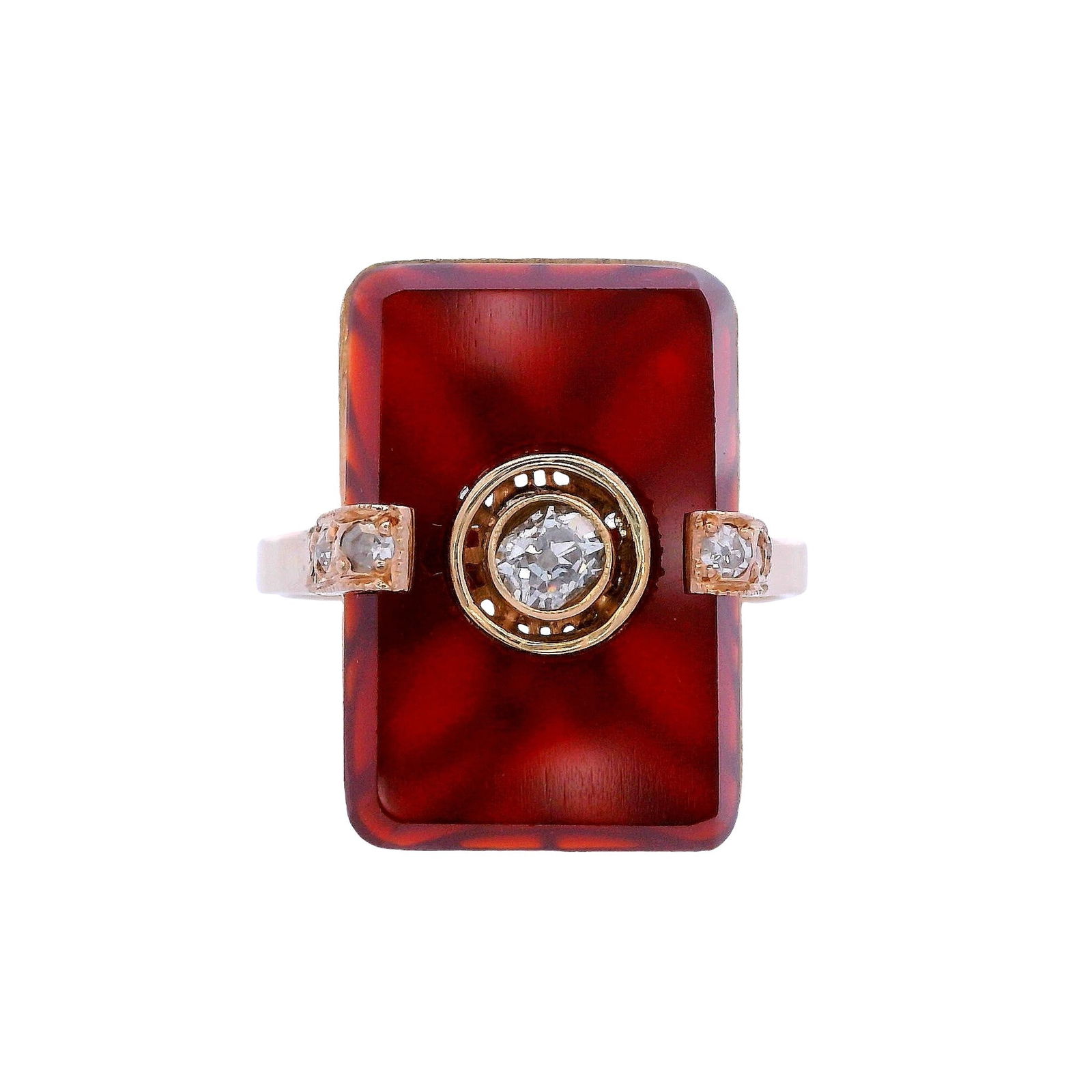 Art Deco 18kt yellow Gold Ring with Carnelian and Diamonds (1 of 7)
