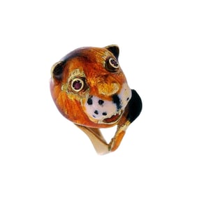 1960s 18kt Gold Enamel Panther Ring with Rubies