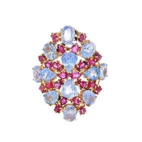 18kt yellow Gold Cocktail Ring with 18.40 CTW in Sapphires and Rubies