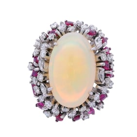 18kt white Gold Cocktail Ring with Opal, Rubies and Diamonds