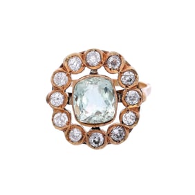 Antique 18kt Gold Rosetta Ring with Beryl and Diamonds
