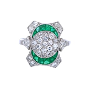 Art Deco Platinum Ring with 1.42 CTW in Diamonds and Emeralds