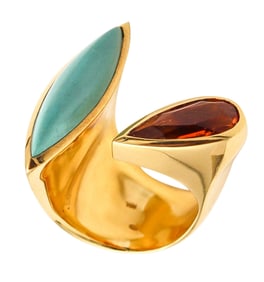 Italian Modernist Bypass Ring In 18Kt Yellow Gold 8.14 Ctw Turquoise And Citrine