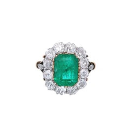 Edwardian Cluster Ring in Platinum and 18kt Gold with a 4.30 CTW in Emerald and Diamonds