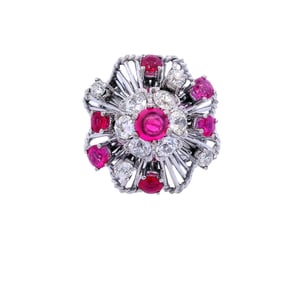 Mid-century Platinum Ring with Rubies and Diamonds