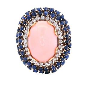 18kt Cocktail Ring with Angel skin Coral, Sapphires and Diamonds