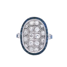Art Deco Style Platinum Ring with Diamonds and Sapphires