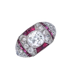 Art Deco style 18kt Gold and Platinum Ring with 2.50 CTW in Diamonds and Rubies