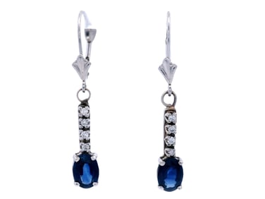 14kt white Gold drop Earrings with Diamonds and blue Sapphires